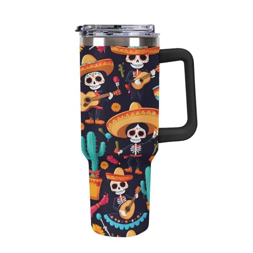 Quteprint 40oz Insulated Stainless Steel Tumbler with Handle, Dia De Los Muertos Skull Leakproof Water Bottles Travel Mug with Lid And Straw for Water, Iced Tea Or Coffee for Most Car Cup Holder
