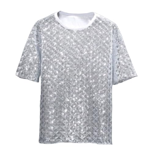 T-shirt disco homme à paillettes col rond haut brillant des années 70 pour carnaval