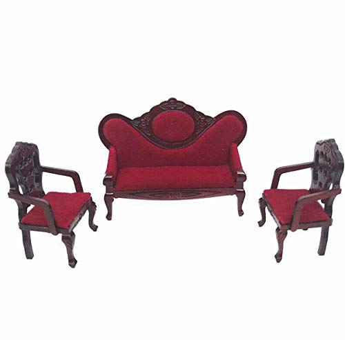Eatingbiting 1:12 Miniature Living Room Furniture Vintage Red Wooden Sofa Armchair Couch Table 3Pcs Set Sofa + 2 Chairs #TOP5