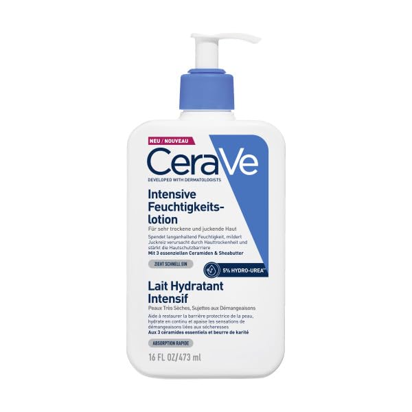 CeraVe Intensive Feuchtigkeitslotion, Intensiv feuchtigkeitsspendend und juckreizmildernd, Bei sehr trockener Haut und Juckreiz, Mit Ceramiden und Sheabutter, Ohne Duftstoffe, 473 ml