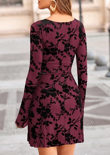 Image of PRETTYGARDEN Women's Fall Floral Long Sleeve Mini Dress | Printed Sheer Mesh, Bell Sleeve Boat Neck, Bodycon Short Dresses, Party Date Night, Cute Casual Outfits, Fashion Clothing