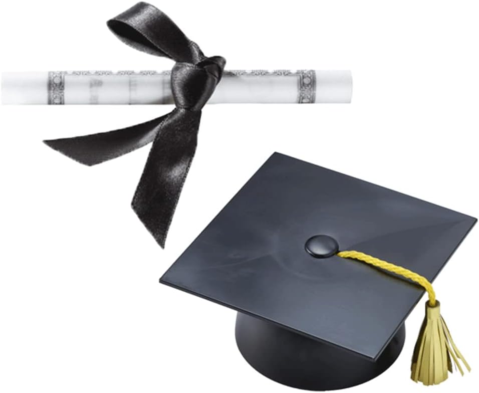 Plastic Graduation Cap Cake Topper with Large Paper Diploma Cake Topper (Black)