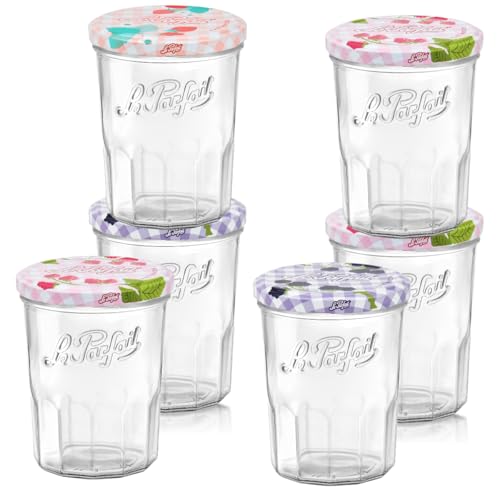 Le Parfait Jam Jars Clear Canning Jars w/Colorful Airtight Metal Lids | Sturdy French Faceted Non-Slip Glass Body | Works for Jam + Jelly Storage Snacks Picnic DIY | 13oz (Pack of 6) 385ml