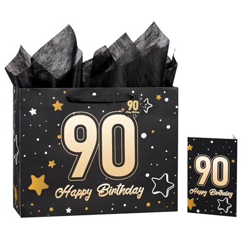 Image of Powbrace 13 inch Black 90th Birthday Gift Bag with Tissue Paper and Greeting Card for Party,Happy Birthday Gift Bag for Men Women,Gift Bags Medium size(1 Black 90th)