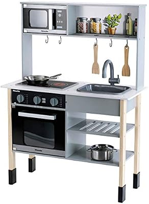 Theo Klein 7199 Cocina Miele, Cocina Blanca de Madera Que Incluye Placa de cocción, Medidas 70 cm x 30 cm x 91 cm, de Acero Inoxidable y Madera, Juguete para niños a Partir de 3 años