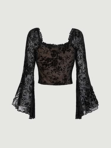 Mulheres Tops Gola Quadrada Manga Dividida busto franzido Aglomerado Malha (Color : Black, Size : CH