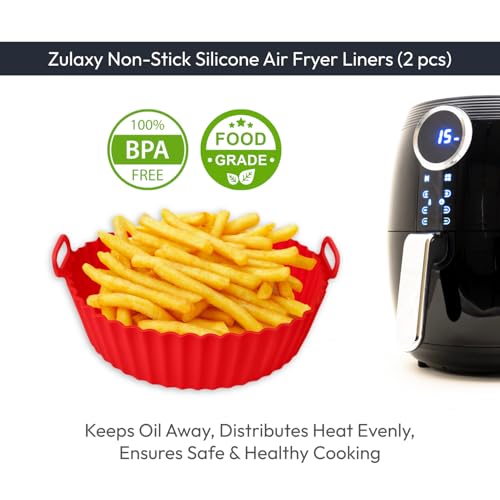 Image of Zulaxy Reusable Silicone Air Fryer Liners - Non Stick Air Fryer Basket Baking Tray with Handles, BPA Free Food Grade, Heat Resistant & Dishwasher Safe (8 Inch, Pack of 2)
