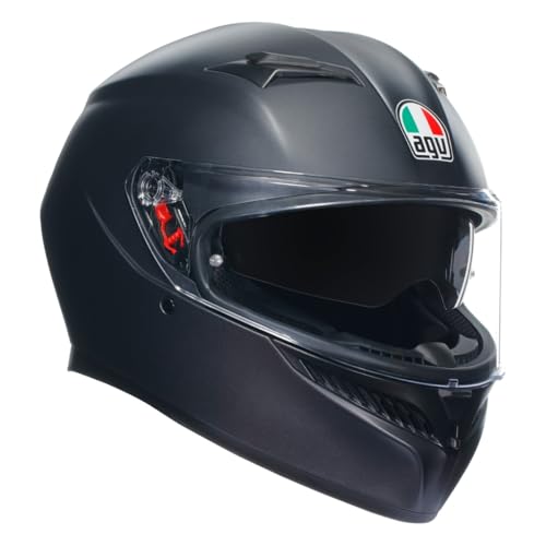 AGV - K3 E2206 MPLK Motorradhelm, Herren Integralhelm, ECE Vollvisierhelm mit Schweißabsorption, Spoiler, Lüftungsschlitzen und Kratzfestem UV-Visier, mit Intercom Ready, Schwarz