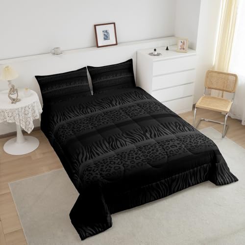 Image of Feelyou Boys Girls Black Gray Leopard Print Comforter Set King Size, Zebra Stripes Bedding Set Kids Animal Skin Duvet Insert Teens Bedroom Decor with 2 Pillow Case