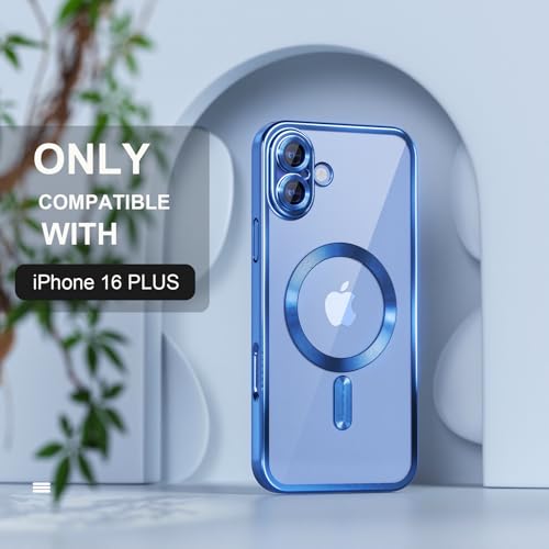 Image of Misea Magnetic for iPhone 16 Plus Case Compatible with MagSafe | [Never Yellowing] [Military Drop Protection] Full Camera Lens Protector Plating Soft Clear Phone Case for Women, Deep Blue