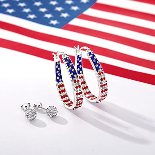 Crystal Hoop Earrings for Women Sparkly American Flag Earrings Silver Plated Red White and Blue Earrings Patriotic Jewelry Gift4