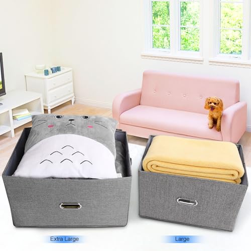 Image of Large Linen Fabric Foldable Storage Bins with Removable Lid and Handles, Washable Storage Box Organizer Containers Baskets Cube with Cover for Bedroom,Office(Pink, Extra Large)