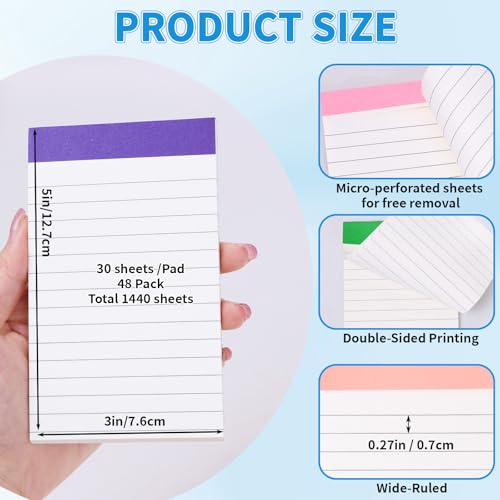 Image of Oleitodh 48 Pack Mini Note Pads 3 x 5 Inch Lined Memo Pads Rainbow Colors | 80 GSM Paper, 30 Sheets Per Pad, Pocket Notes, To-Do Lists, School, Office, Teachers, Shopping Lists, Journaling