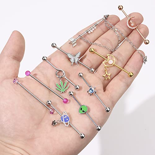 Sanfenly Industrial Piercing Jewelry 14G Stainless Steel Industrial Barbell Earrings with Chain Dangle Industrial Bar Piercing Cartilage Helix Industrial Earrings for Women Men - Thumbnail 6