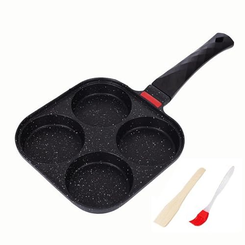 Foorey Home 4-Cup Nonstick Egg Frying Pan Gas & Induction Omelette Skillet | Black 4-hole non stick egg pan with 1 spatula and 1 brush. Perfect for morning pancakes bacon and quick breakfast.