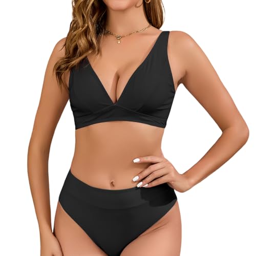 Husmeu Bikini Damen Set Tiefer V Ausschnitt High Waist Bikinis Weiche Hochwertige Bademode Badeanzüge Für Strand-Schwarz...