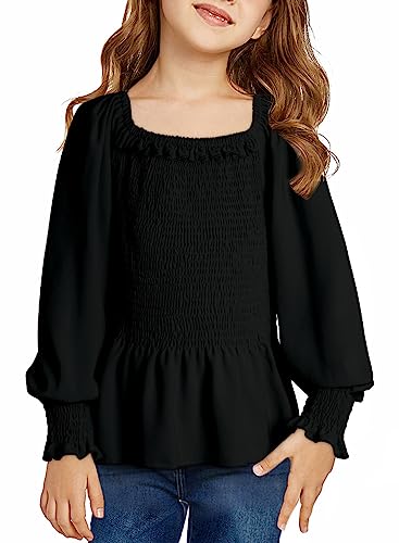 SELINK Girls Elegant Long Sleeve Blouse U Neck Smocked Cuffed Shirts Ruched Ruffle Fall Casual Tunic Tops