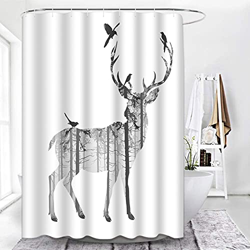 Emvency Winter Holiday Shower Curtain Waterproof Adjustable Polyester Fabric Hunting Silhouette Of Deer With Birds Black And White Colors Stag 60 X 72 Inches Set With Hooks For Bathroom #TOP1