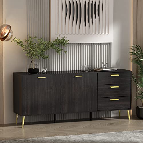 Aiegle Sideboard Buffet Cabinet With 3 Drawers & 2 Doors, Kitchen Buffet Storage Cabinet Entryway Cupboard With Gold Metal Legs, Black Walnut (69" L X 15.6" W X 30" H) #TOP1