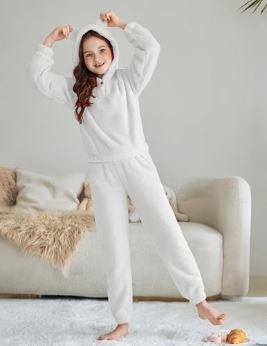Image of Arshiner Girls 2 Piece Outfits Sweatsuit Fuzzy Long Sleeve Bear Ear Hoodie Sweatshirt and Sweatpant Kids Clothing Sets