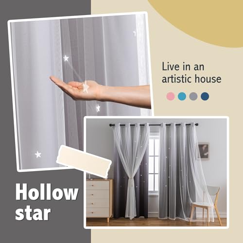 Image of indistar Colourful Stripe Star Cut-Out Blackout Curtains for Bedroom,2 Layers Mix Design of Fabric & Tulle,Pretty Window Curtain for Kids Room 1 Panel (W52 x L63 Dark Grey)