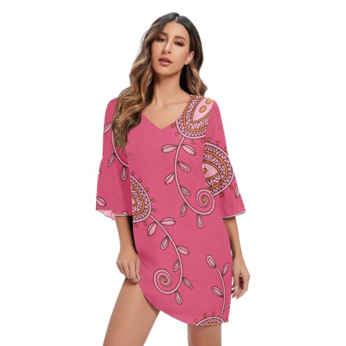 Robe en mousseline de soie de qualité supérieure col V fuchsia style bohème