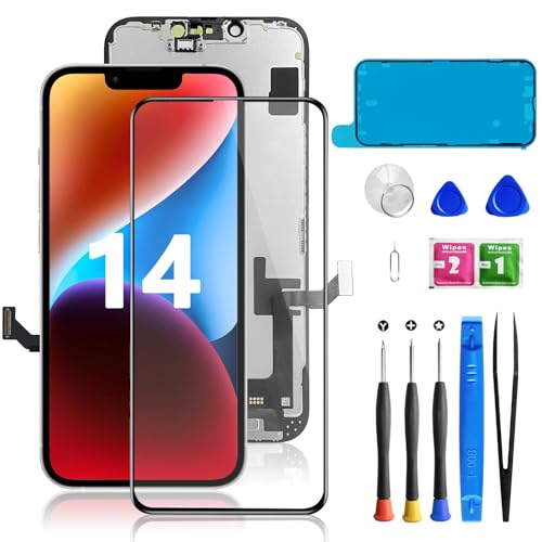 for iPhone 14 Screen Replacement Black LCD Touch Digitizer Complete Display for A1864 A1897 A1898 with Waterproof Seal+Tempered Glass+Repair Tools