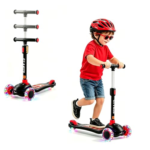 GLAMUP Kids Scooter, 3 Wheel Foldable Kick Scooter for Ages 3-12, LED Light-Up Wheels, Lean-to-Steer, Adjustable Handlebar & Wide Deck up to 110 lbs, Scooter for Boys & Girls, RedBlack