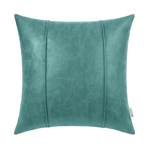 Image of BRAWARM Teal Leather Throw Pillow Covers 16 X 16 Inches - Faux Leather Pillow Cover with Piping, Hand Stitched Leather Throw Pillow for Couch Sofa Bed Living Room Home Decorative