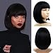 Short Bob Wigs With Straight Bangs 12Inch Short Synthetic Fiber Bob Wigs for Women Short Bob Wigs and Black Color Bob Wig With A Free Wig Cap(1B)