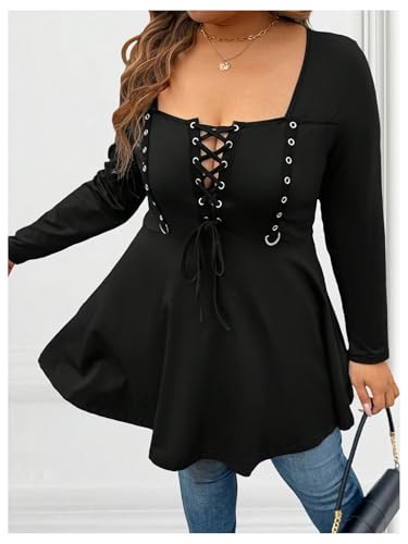 Image of SOLY HUX Women's Plus Size Peplum Tops Lace Up Square Neck Long Sleeve Ruffle Hem Tee Flowy Casual T Shirt