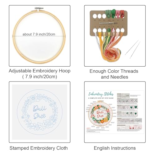 Image of Louise Maelys Funny Flower Wreath Embroidery Kit for Beginners, DIY Craft | Floral Needlepoint Kit with Pre-Printed Fabric, Hoop, Threads, Needles and Guide. Cross Stitch Starter Kit for Adults