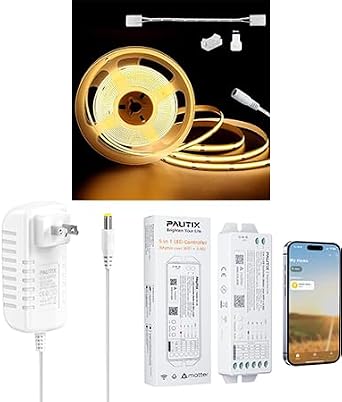 PAUTIX COB LED Strip Light 20ft/6.1m 3000K Warm White 3087LEDs, 24V DC Power Supply Adapter 24Volt 3.5A 84W, WiFi LED Controller Compatible with Tuya APP/Smart Life/Alexa/Google Home/Siri