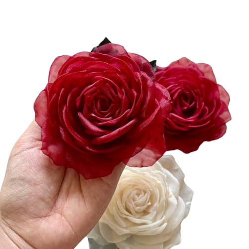 Image of Camellia Bees Handmade Deep Red Silk Rose Brooch 3.5 inch - Maroon Organza Flower Corsage Pin gift for Women, 12th Silk Anniversary Keepsake for Her (Deep Red)