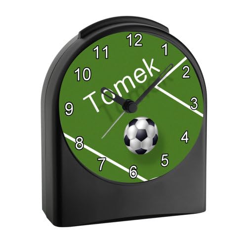 Analog Kinderwecker personalisiert mit (Wunsch) Namen, Kinder Funkwecker ohne Ticken und mit Licht/Beleuchtung, Schulanfang, Motiv Moitv Fußball