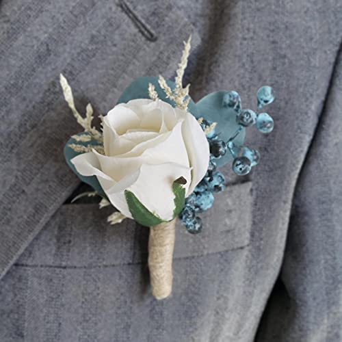Rose Boutonnieres for Men Wedding Artificial Flowers Groom and Groomsmen Boutonniere for Wedding Ceremony Anniversary Prom Formal Dinner Party Suit Decorations, Peacock Blue