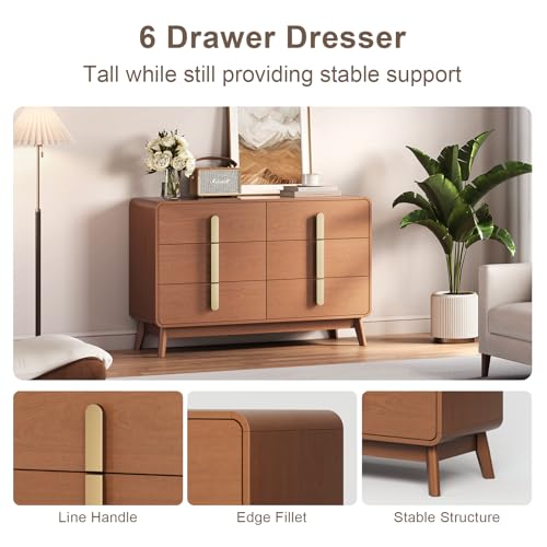 Image of JOINICE Mid Century Modern Dresser and Nightstand Sets for Bedroom, Cherry | Night Stand Set of 2 with Matching 47 inch Dresser, Large Chest of Drawers for Storage with Gold Handles, 3 Pieces Accent Set