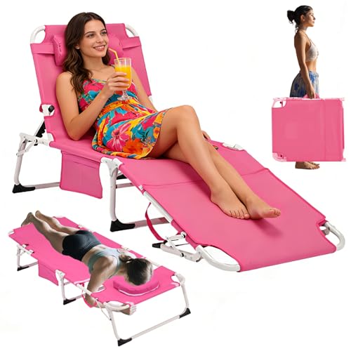 3-in-1 Heavy Duty Tanning Chair with Face Hole Adjustable 5-Position Folding Chaise Lounge Chairs Portable Lay Flat Beach Lounge Chair for Outdoor Sunbathing Patio Pool Lawn Camping Deck (Pink)