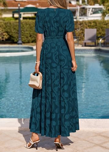 Image of KIRUNDO Summer Dresses for Women 2026 Boho Flowy Casual Short Sleeve V Neck Elastic Waist Floral Long Baby Shower Maxi Dress