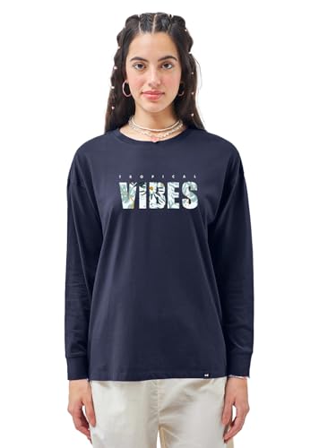 Image of Bewakoof Women's 100% Cotton Graphic Print Oversized Fit Round Neck T-Shirt