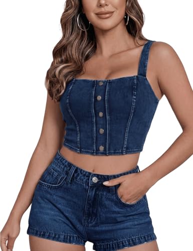 Ystguic Women Denim Cami Vest Removable Bra Pads Slim Stretch Jean Tank Pull On Square Neck Faux Button Placket Crop Tops (Dark Blue,M)