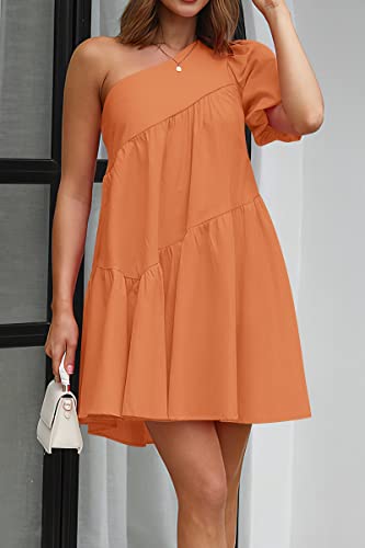 Image of KIRUNDO Summer One Shoulder Mini Baby Doll Dresses Women 2026 Casual Puff Sleeve Loose Tiered A Line Flowy Short Dress