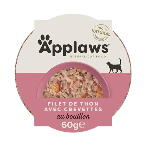 Applaws Comida para Gatos 100% Natural, Lujoso Filete de Atún con Langostinos en Caldo, 10 tarrinas de 60g