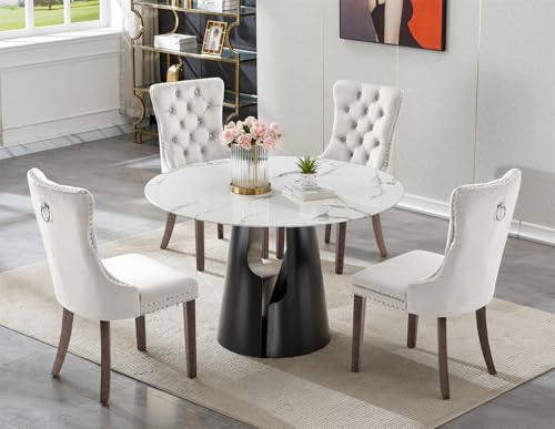 Maotifeys 5-Piece Faux Marble Round Dining Table Set for 4, Modern Luxury Kitchen Table Set for 4 with Beige Tufted Chairs,Circle Dining Tables with White Marble Grain Top and Black Pedestal Base
