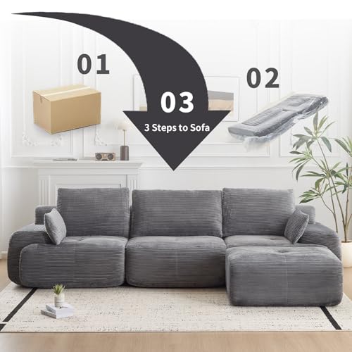 Image of L Shape Sofa Rearrangeable, Oversized Cloud Couch Sectional Modular Sofas with Detachable Ottoman, 4 Pillows and Deep Seat, Corduroy Boneless Couches Sets for Living Room, No Assembly Required, Grey