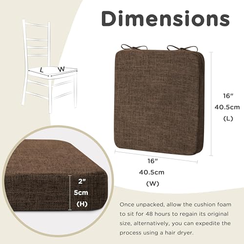 Image of AddGrace Square Chair Cushions for Dining Chairs 4 Pack 16x16x2inch Coffee | Non Slip, Removable Cover with Ties, Textured Fabric, for Kitchen Dining Room Indoor, Hard Wooden Chairs, Family Gathering
