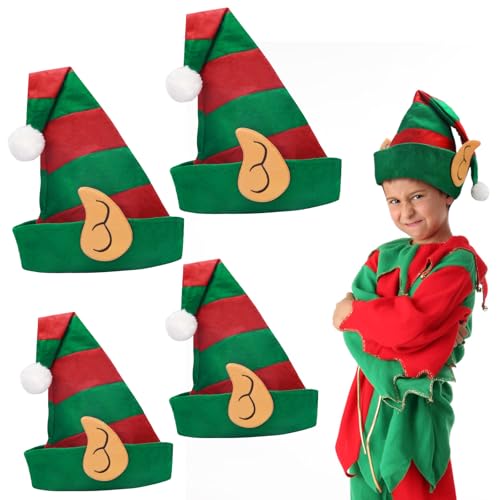 MONCAP 4Pcs Christmas Elf Hats with Ears for Kids & Adults - Santa's Helper Felt Hats for Xmas Party & New Year Fancy Dress - 2 Sizes for Family
