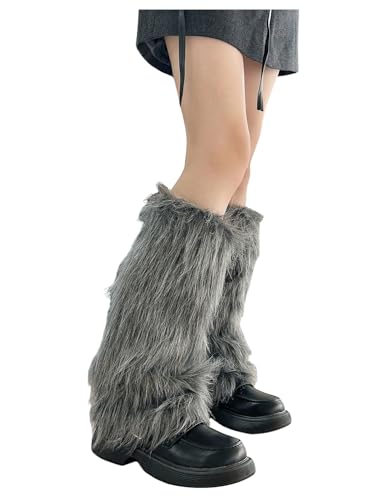 MakeMeChic Womens Faux Fur Furry Leg Warmers Furry Boot Covers Long Soft Cuff Boot Party Costume Grey Small