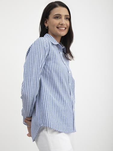 Image of FableStreet Women Shirt | Striped Long Sleeve Polo Collar Button Down | Breathable Linen Blend Fabric | Business Casual & Formal Wear