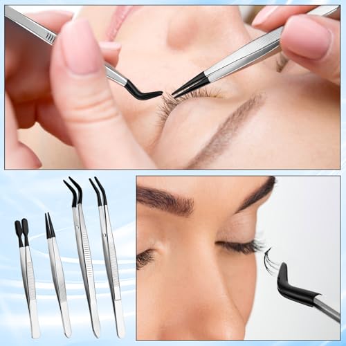 4 Pcs Stainless Steel Tweezers Set with Rubber Tips Tweezers Sewing Machine Tweezer Straight& Flat &Long Bent End Pincers Universal Tweezer for Jewelry Craft Coin Stamp Beads Lab Tongs - Image 4